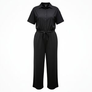 Eileen Fisher Classic Collar Short Sleeve Wide Leg Jumsuit Size XS Tall Black